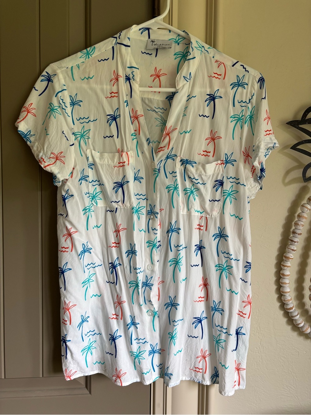Tropical Palm Print Button-Up Shirt pajama lounge, clothes